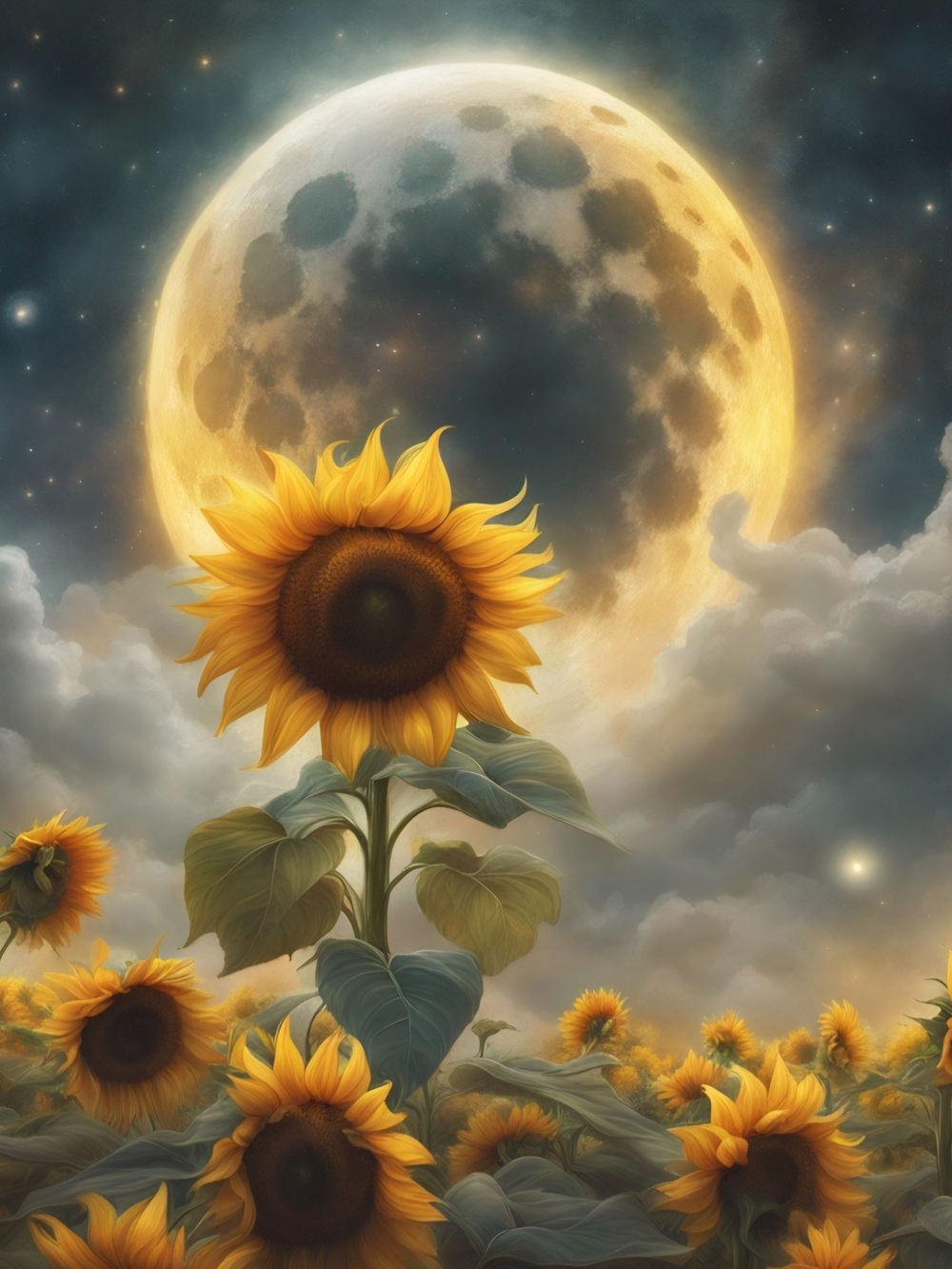 Golden Sunflower Moon Art Print - Yellow Home Wall Art